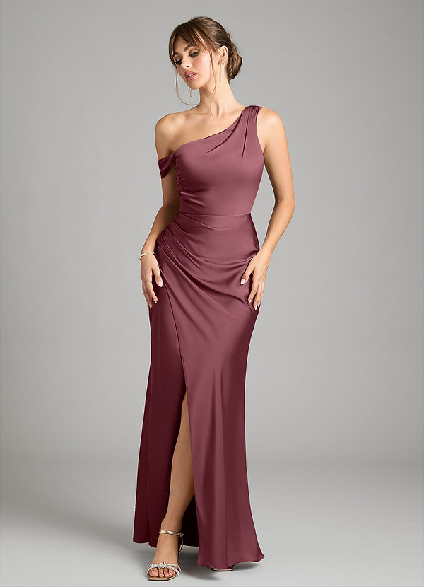 Azazie Madelyn Robes de demoiselle d'honneur Robe Sirène Convertible en Satin extensible Asymétrique Rose Du Désert image1