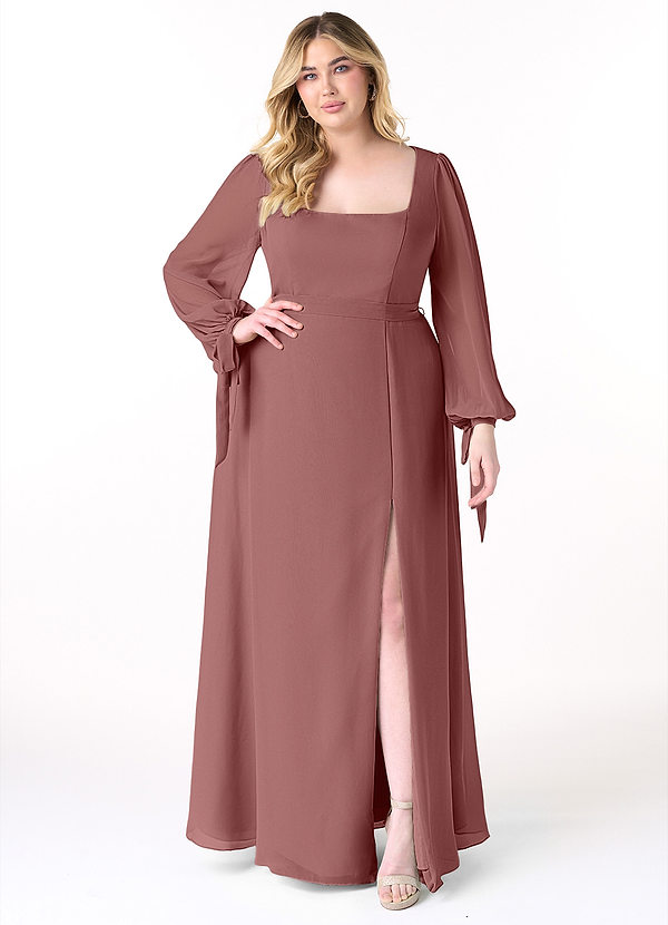 Azazie Leonia Brautjungfernkleider A-Linie Langarm Chiffon Kleid Wüstenrose image1