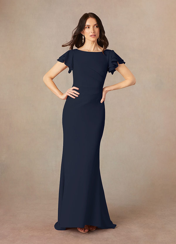 Azazie Peppermint Mother of the Bride Dresses Vestido Azul Marinho de Crepe Esticado de sereia com Ruched image1