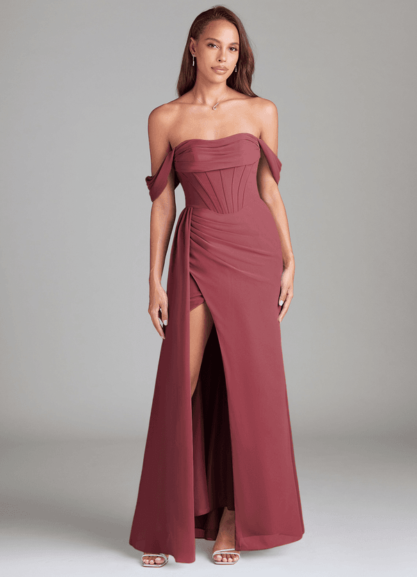 Azazie Amyra Bruidsmeisjes Jurken Converteerbaar Jurk van Chiffon met Kolom Off the Shoulder Merlot image1