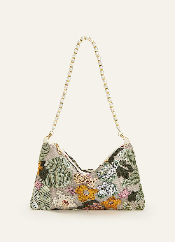 front Sequin Embroidered Floral Pearl Strap Shoulder Bag