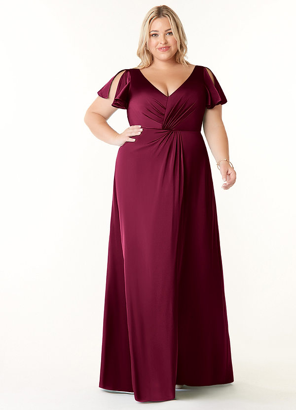 Azazie Soren Bridesmaid Dresses Burgundy A-Line Pleated Stretch Satin Dress image1
