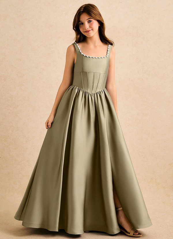 Azazie Enid Girls Formal Blomsterpigekjoler A-Line Perlebesat Stræk satin Gulv-længde Kjole image1