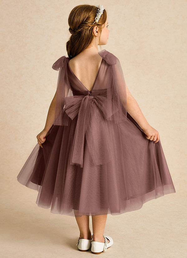 Azazie Dori Flower Girl Dresses Espresso A-Line Ruched Tulle Dress image1