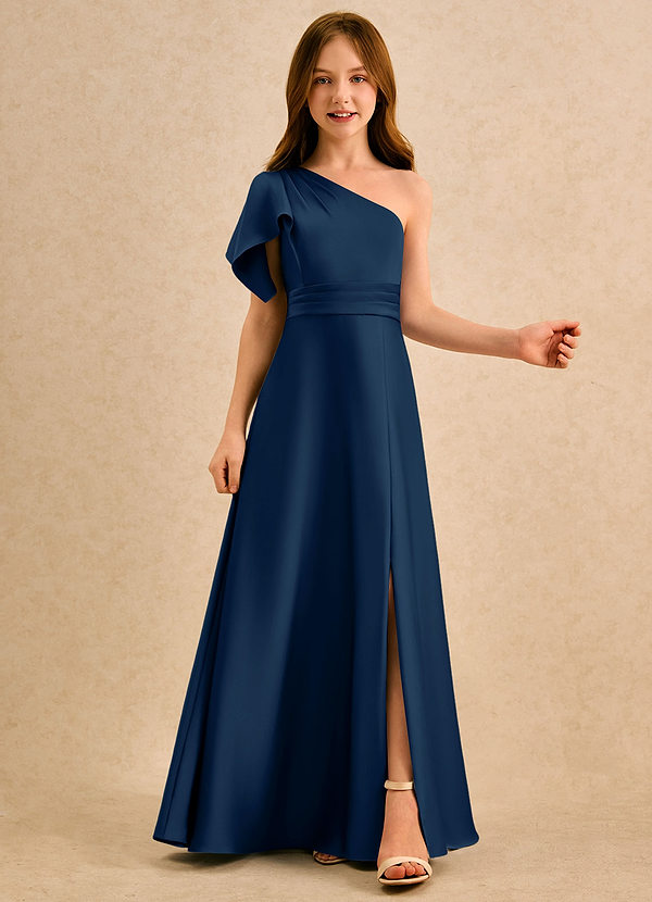 Azazie Jazzy Girls Formal Flower Girl Dresses Dark Navy A-Line One Shoulder Stretch Satin Dress image1