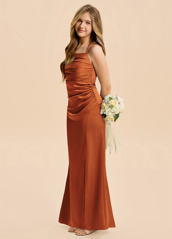 Azazie Nova Junior Cinnamon Sheath Pleated Stretch Satin Dress image1