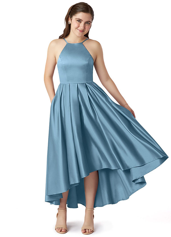 Azazie Jemima Junior Steel Blue A-Line with Pockets Stretch Satin Dress image1