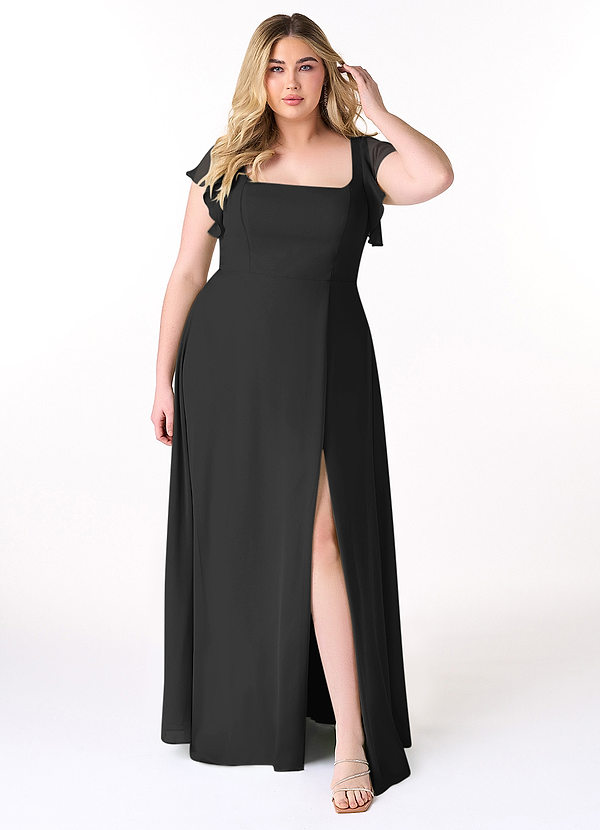 Azazie Bondi Bridesmaid Dresses Black A-Line Ruffled Chiffon Dress image1