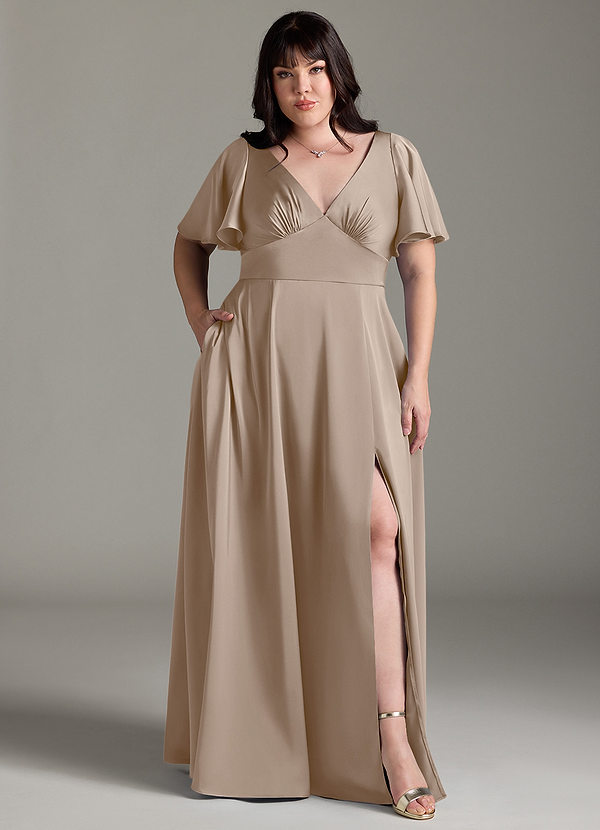 Kimber Bridesmaid Dresses Taupe A-Line Ruched Stretch Satin Dress image1