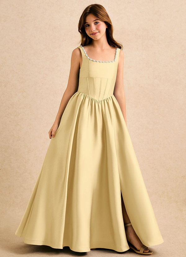 Azazie Enid Girls Formal Blumenkinder Kleider A-Linie Mit Perlen Stretch-Satin Kleid Butter image1