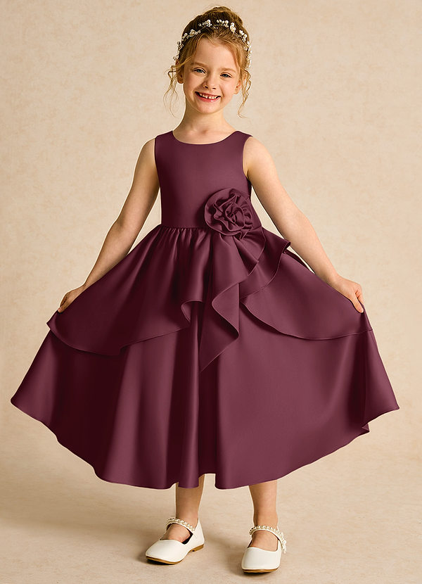 Azazie Hermia Flower Girl Dresses Cabernet A-Line Sleeveless Matte Satin Dress image1