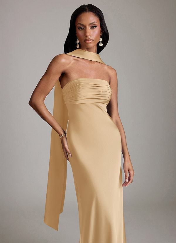 Azazie Saylor Bruidsmeisjes Jurken Jurk van Stretch Satijn met Zeemeermin Strapless Goud image1