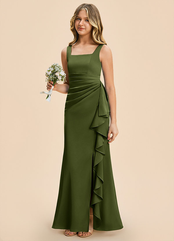 Azazie Adrienne Junior Olive Sheath Pleated Stretch Satin Dress image1