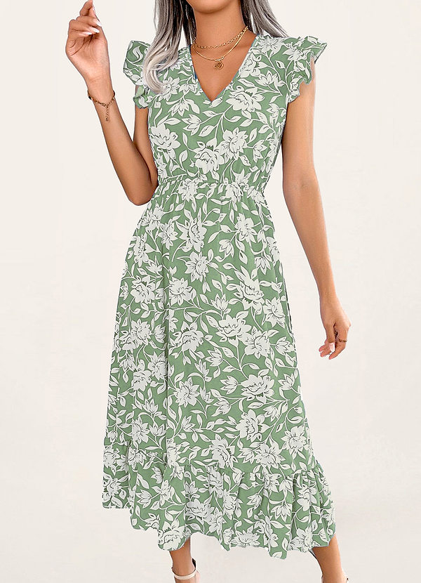 Green Belleville Green Floral Print Flutter Sleeve Midi Dress Dresses ...