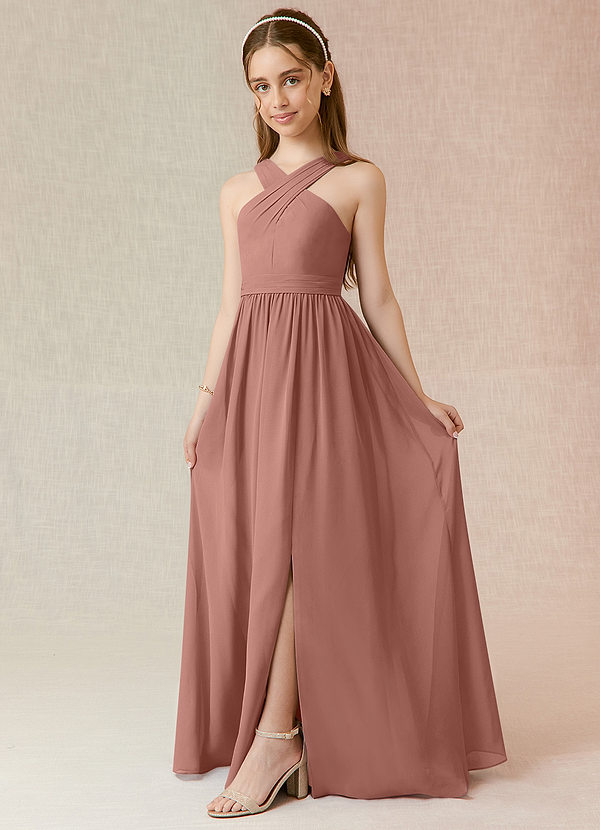Azazie Jiya Junior Abito A-Line in Chiffon Plissettato Cedro Rosa image1