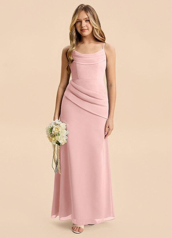 Azazie Nettie Junior Powder Pink A-Line Pleated Chiffon Dress image1