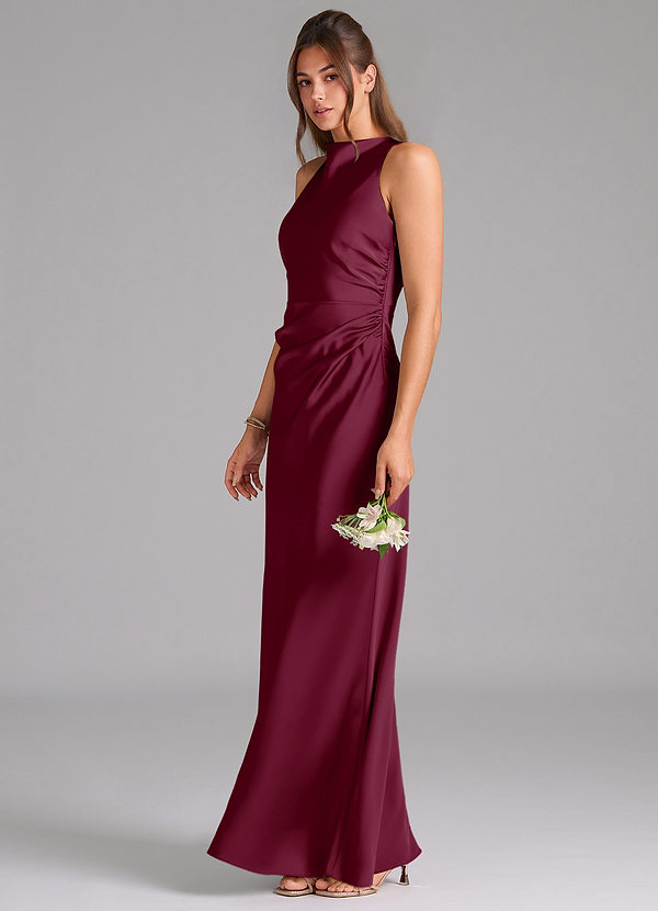 Azazie Evadne Bridesmaid Dresses Mulberry Sheath Pleated Stretch Satin Dress image1
