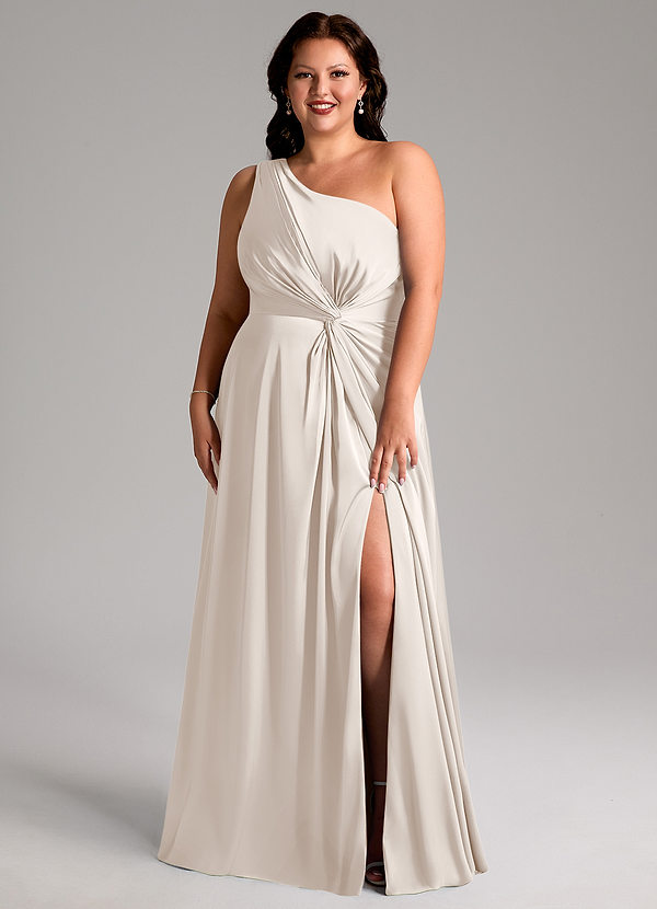 Brooke Vestidos de dama de honor Vestido Alabastro Blanco de Satén Elástico de Línea A con Un hombro image1