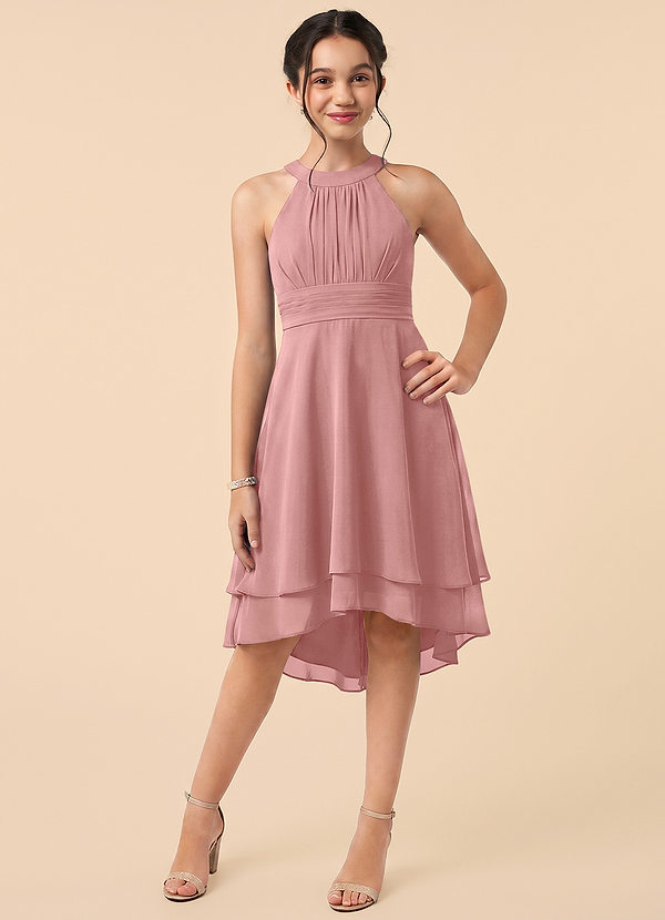 Azazie Linna Junior Vestido Rosa Polvorienta de Gasa de Corte en A con Plisado image1