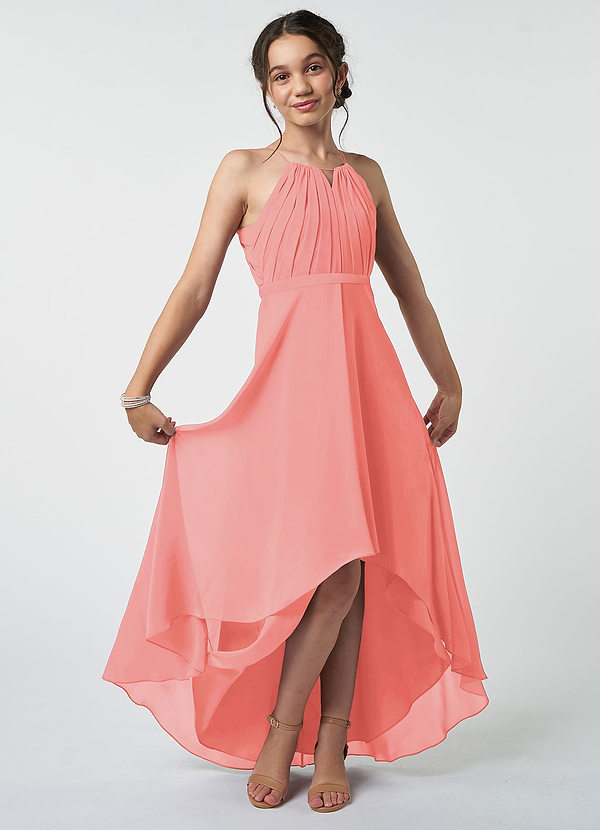 Azazie Oaklynn Junior Coral A-Line Pleated Chiffon Dress image1