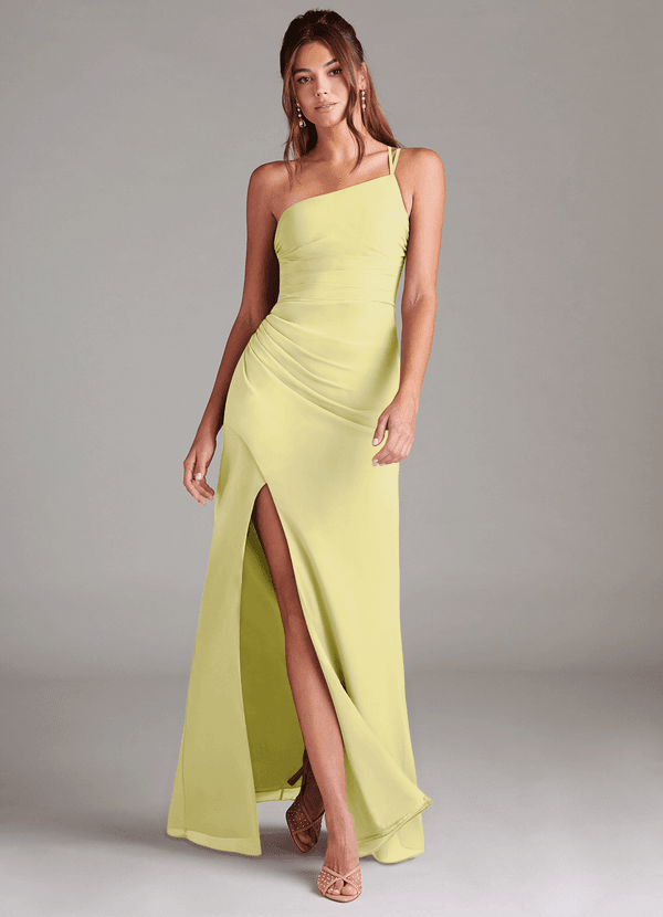 Azazie Eren Bridesmaid Dresses Lemon Sorbet Sheath One Shoulder Chiffon Dress image1