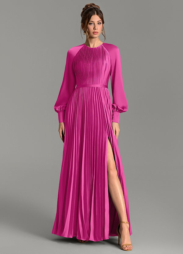 Azazie Grayson Bridesmaid Dresses Fuchsia A-Line Long Sleeve Stretch Satin Dress image1