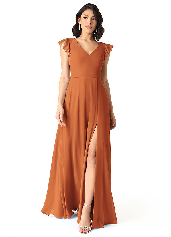 Azazie Claudine Bridesmaid Dresses Cinnamon A-Line Flutter Sleeve Chiffon Dress image1