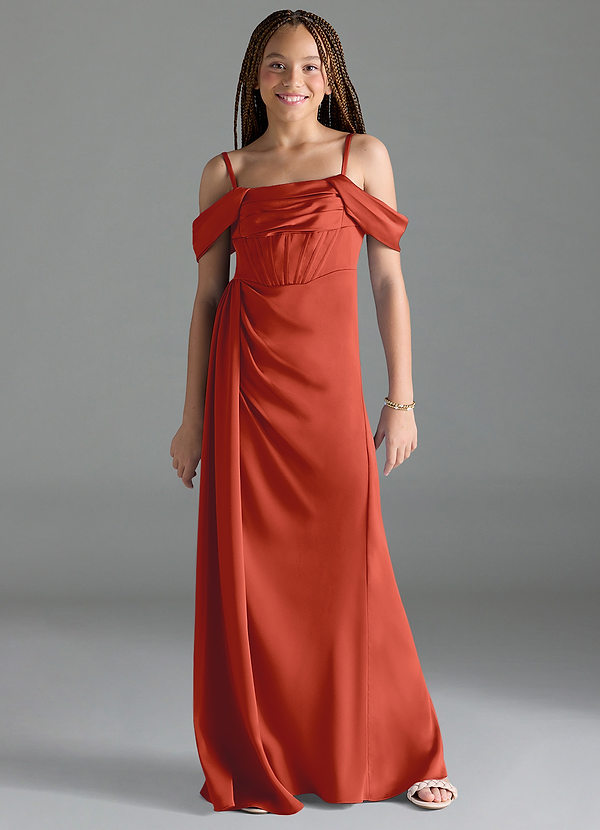 Azazie Amyra Junior Rust Sheath Off the Shoulder Stretch Satin Dress image1
