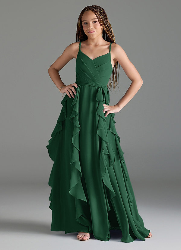 Azazie Peyton Junior Dark Green A-Line V-Neck Cascading Ruffles Chiffon Dress image1