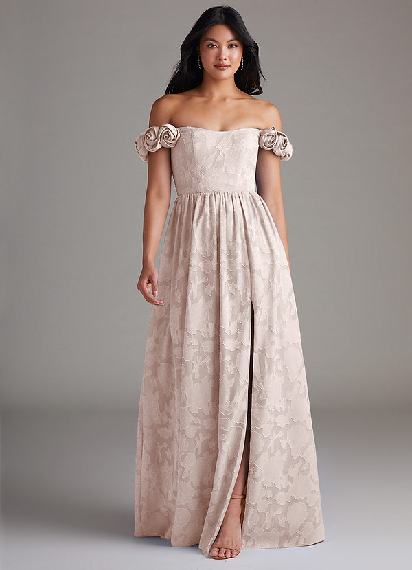 Azazie Autumn Robes Demoiselle d'honneur Robe Trapèze Convertible en Blumen-Burnout Épaule décolletée Rose Pâle image1