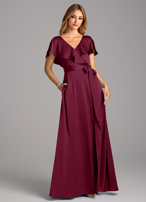 Azazie Lainey Bridesmaid Dresses Mulberry A-Line with Pockets Stretch Satin Dress image1