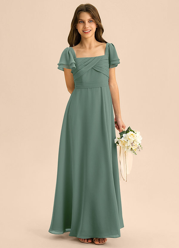 Azazie Azey Junior A라인 셔링 쉬폰 플로어 길이 주니어 신부 들러리 드레스 image1