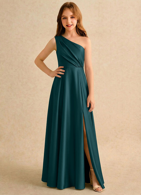 Azazie Puddles Girls Formal Robes de Fillette d'Honneur Robe Trapèze en Satin extensible Une épaule Vert Pin image1