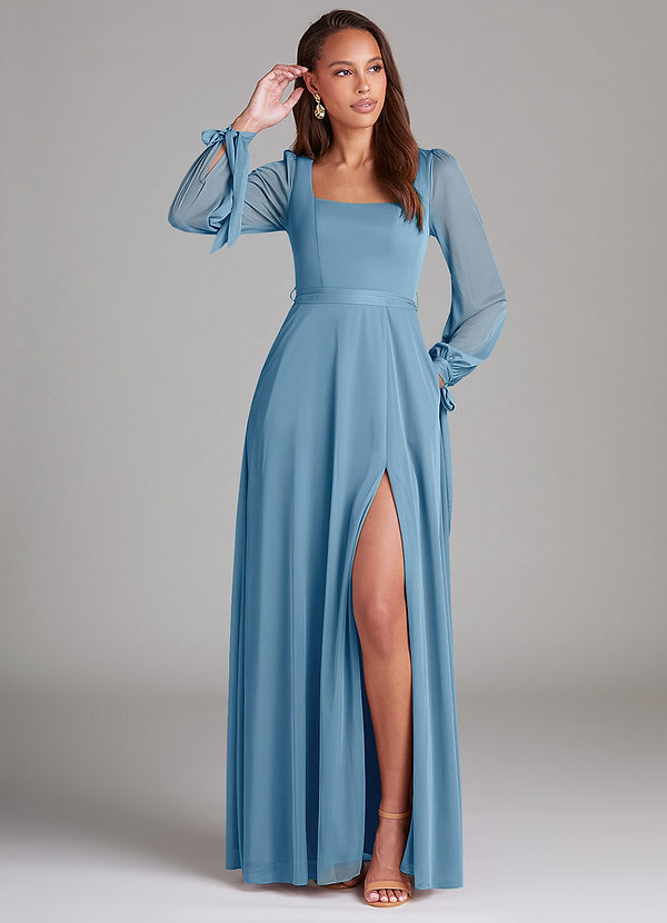 Azazie Leonia Brautjungfernkleider A-Linie Langarm Gittergewebe Kleid Stahlblau image1