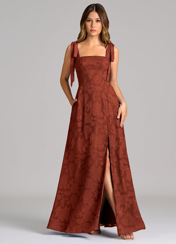 Azazie Debra Bridesmaid Dresses Terracotta A-Line with Pockets Floral Burnout Dress image1