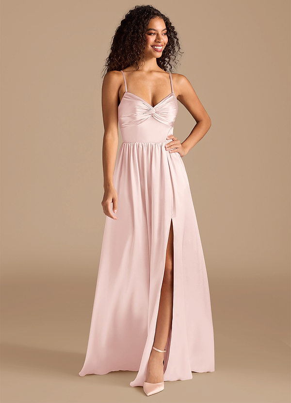 Azazie Zeya Bridesmaid Dresses Blushing Pink A-Line Pleated Metallic Satin Dress image1