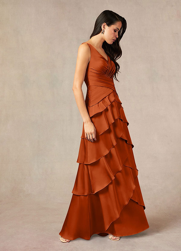 Azazie Viola Abiti da Mamma Sposa Abito A-Line in Raso Elasticizzato Plissettato Arancia Bruciata image1