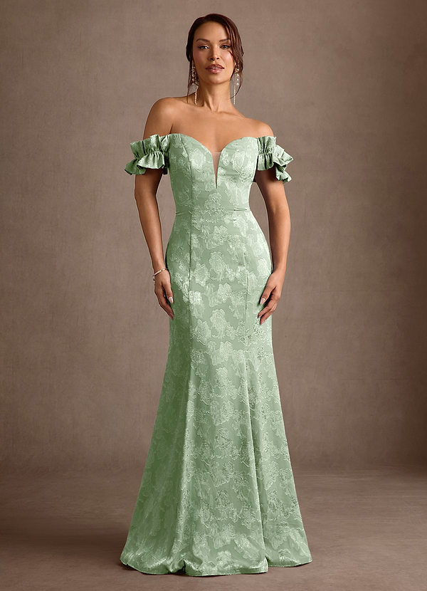 Azazie Allison Vestidos para la madre de la novia Vestido Salvia Polvorienta de Devorado Floral de Corte Sirena con Hombros descubiertos image1