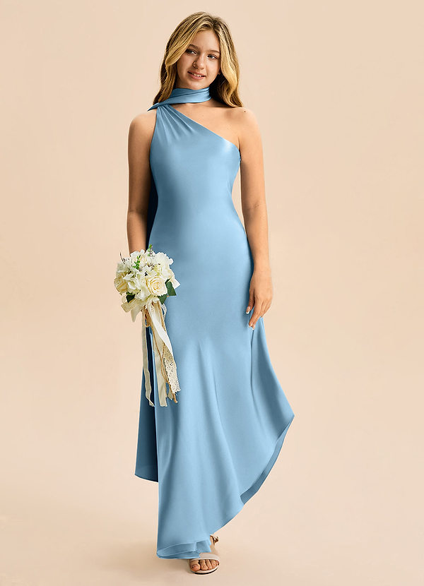 Azazie Briony Junior Etui Plissee Stretch-Satin Kleid Stahlblau image1