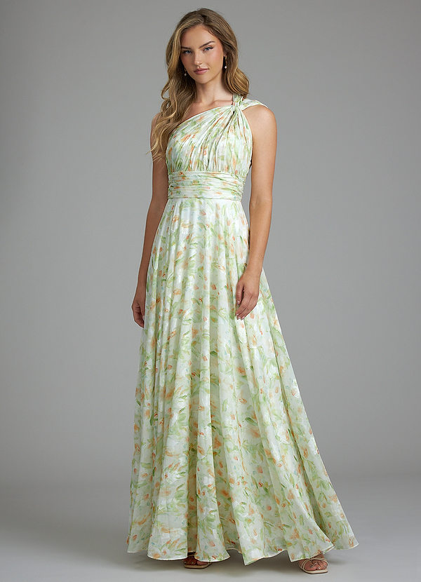 Azazie Charlize Bridesmaid Dresses Green Watercolor Floral A-Line One Shoulder Watercolor Floral Dress image1