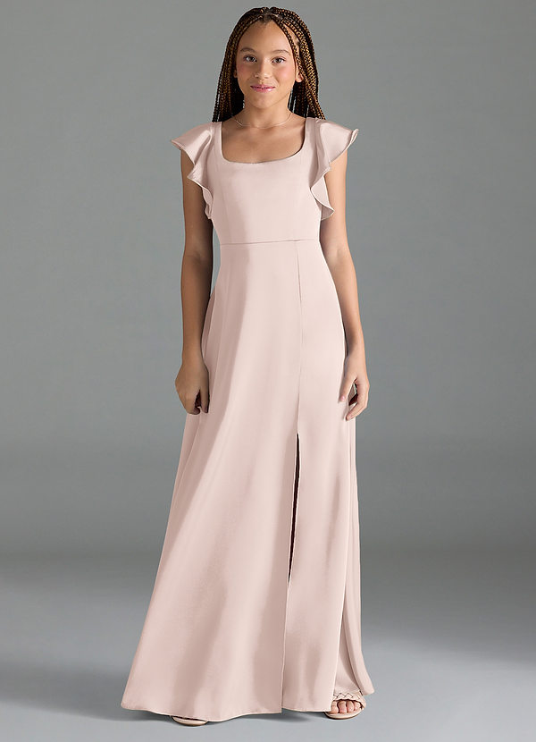 Azazie Bondi Junior Blushing Pink A-Line Side Slit Stretch Satin Dress image1