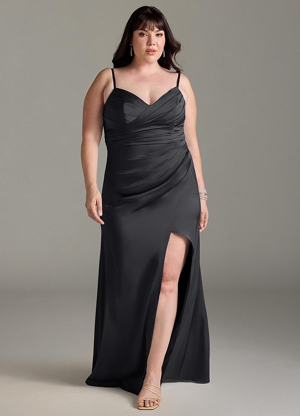Azazie Yola Bridesmaid Dresses Black Sheath V-Neck Pleated Stretch Satin Convertible Dress image1