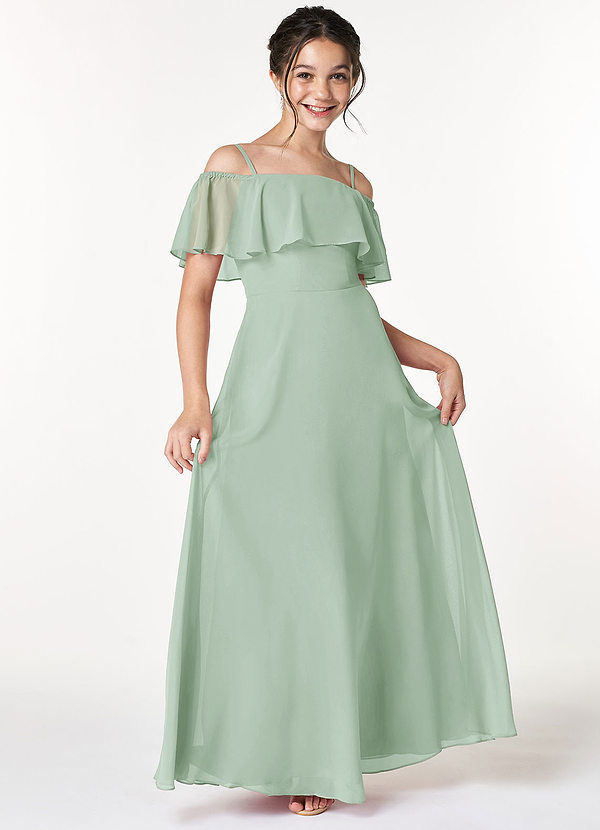 Azazie Maggie Junior Agave A-Line Off the Shoulder Chiffon Dress image1