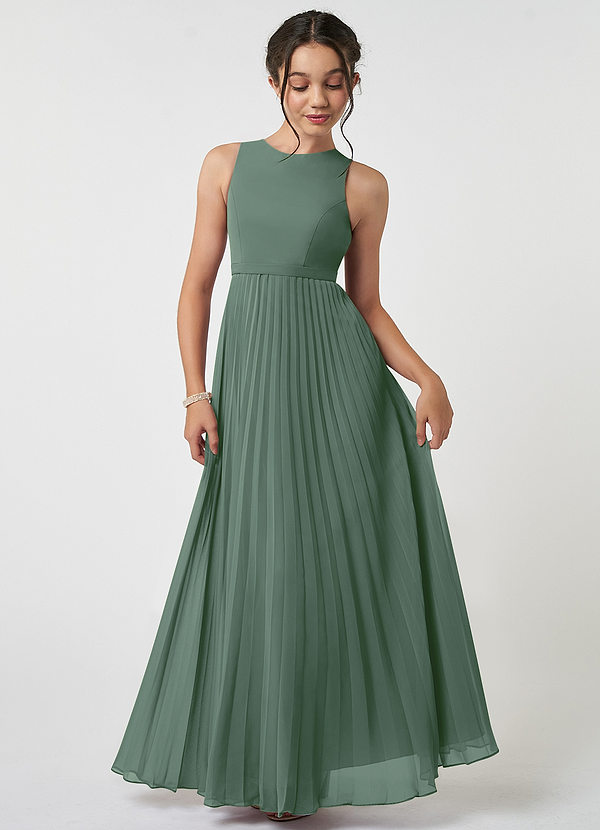 Azazie Lindie Junior A-Linie Plissee Chiffon Kleid Eukalyptus image1