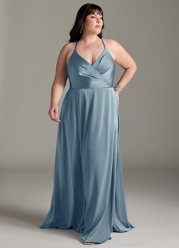 Azazie Davis Robes Demoiselle d'honneur Robe Trapèze en Satin extensible Plissée Bleu Poussiéreux image1