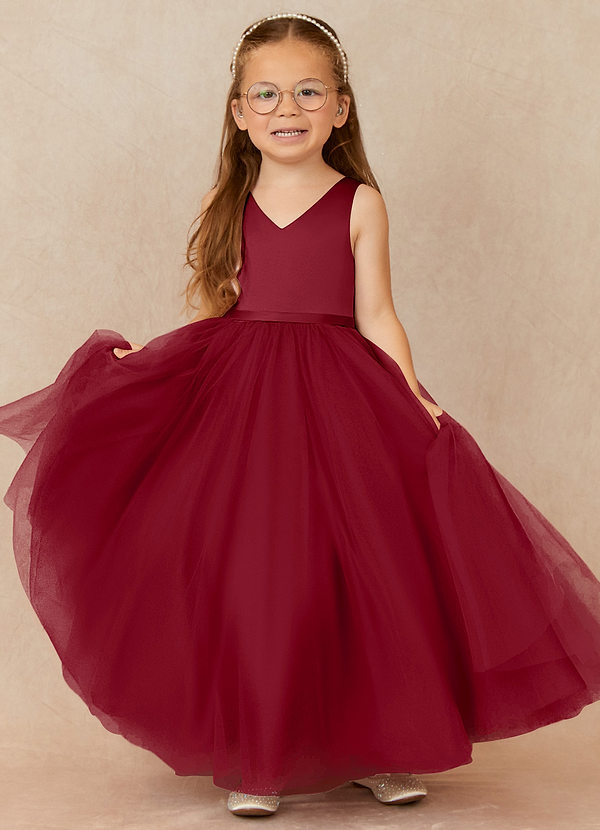 Azazie Marybell Flower Girl Dresses Burgundy A-Line Bow Tulle Dress image1