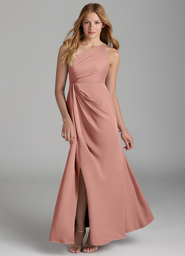 Azazie Mika Junior Robe Trapèze en Satin extensible Plissée Rosette image1