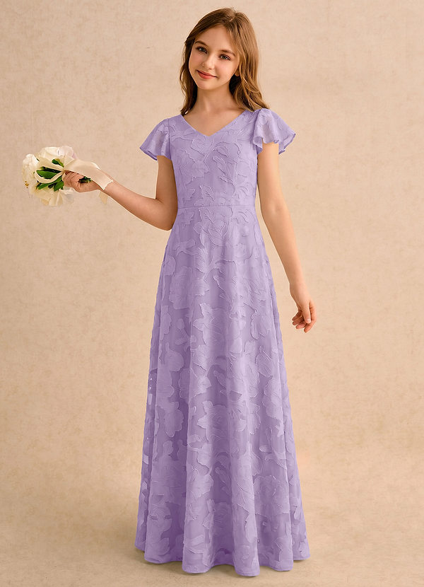 Azazie Narin Girls Formal Vestidos de arras Vestido Lila de Devorado Floral de Línea A con con mangas image1