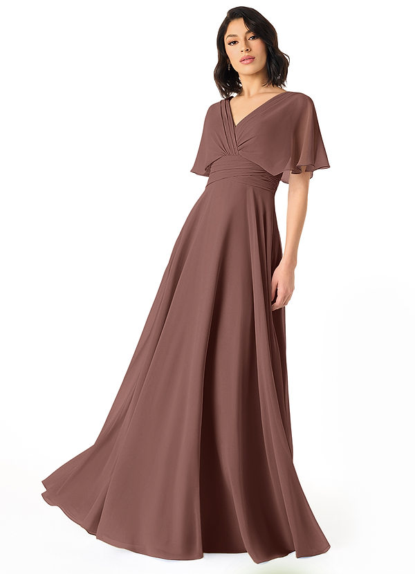 Azazie Pamela Bridesmaid Dresses Espresso A-Line V-Neck Pleated Chiffon Dress image1