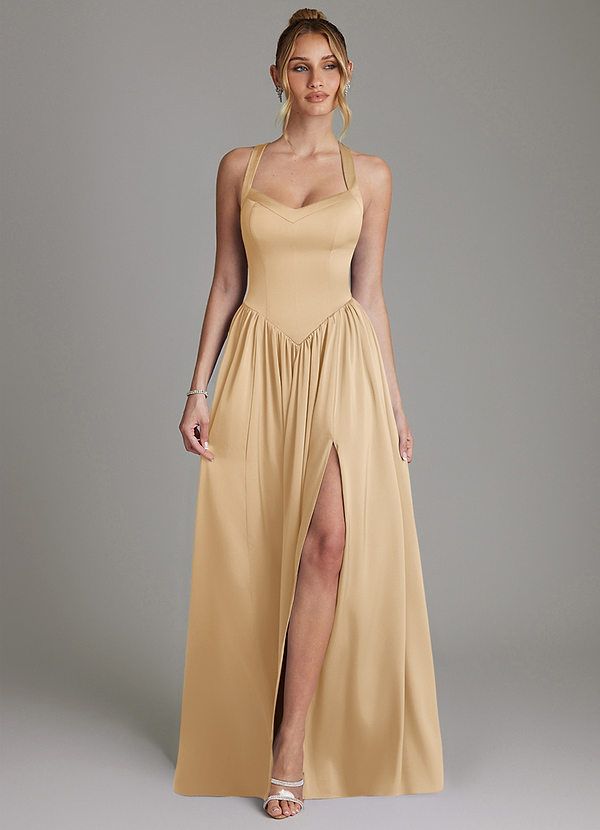 Azazie Francis 신부 들러리 드레스 A라인 코르셋 스트레치 새틴 바닥 길이 드레스 image1